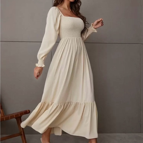 Shein Square Neck Shirred Maxi Dress in Cream, Size Small - Picture 3 of 5